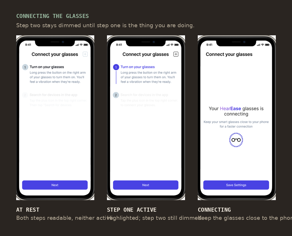Three stages of connecting the glasses, both steps readable but inactive, step one highlighted with step two dimmed, then a connecting state