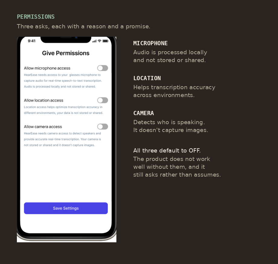 The HearEase permissions screen with three toggles (microphone, location and camera) each followed by a sentence explaining its purpose and what happens to the data