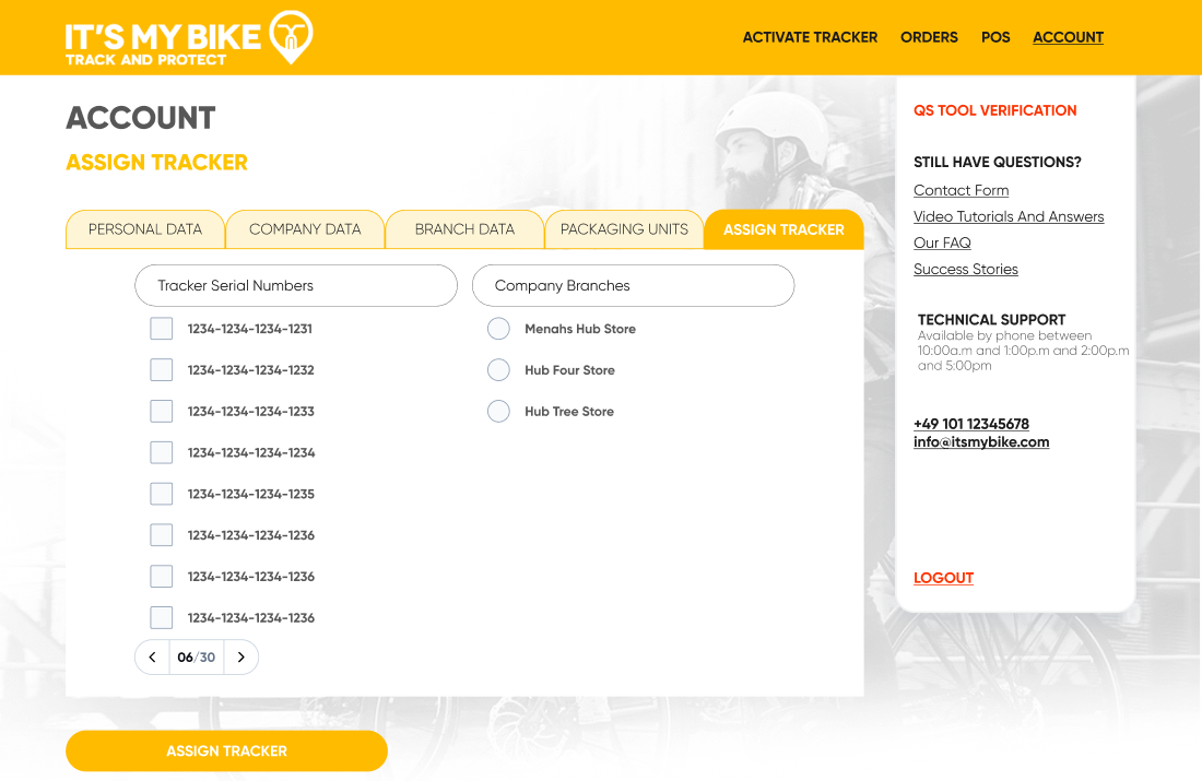 The IoT Venture dealer portal screen for assigning an order to a tracker
