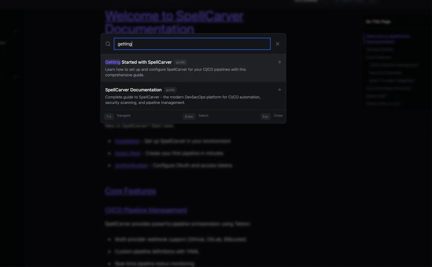 The documentation search modal open over the docs page, with the query getting matched against two guides, each labelled guide and summarised in a line, and keyboard hints for navigate, select and close along the bottom