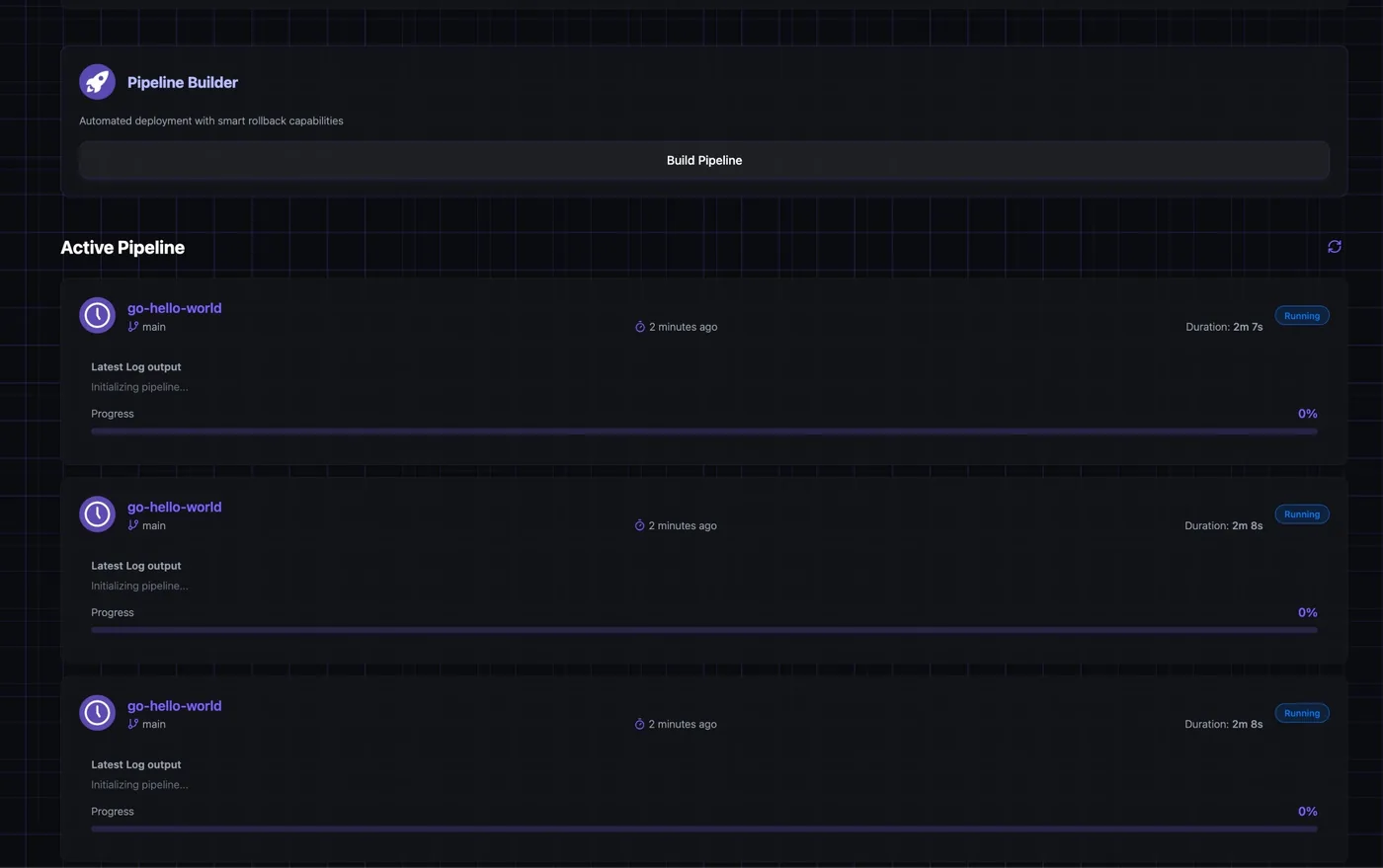 The SpellCarver Pipeline Builder above a list of active pipeline runs, each showing repository, branch, elapsed duration, a Running status pill, the latest log line and a progress bar