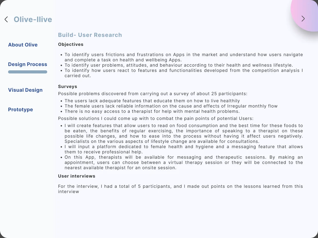 A research slide listing the objectives, the problems surfaced by the survey, the proposed solutions, and a note on the five interview participants