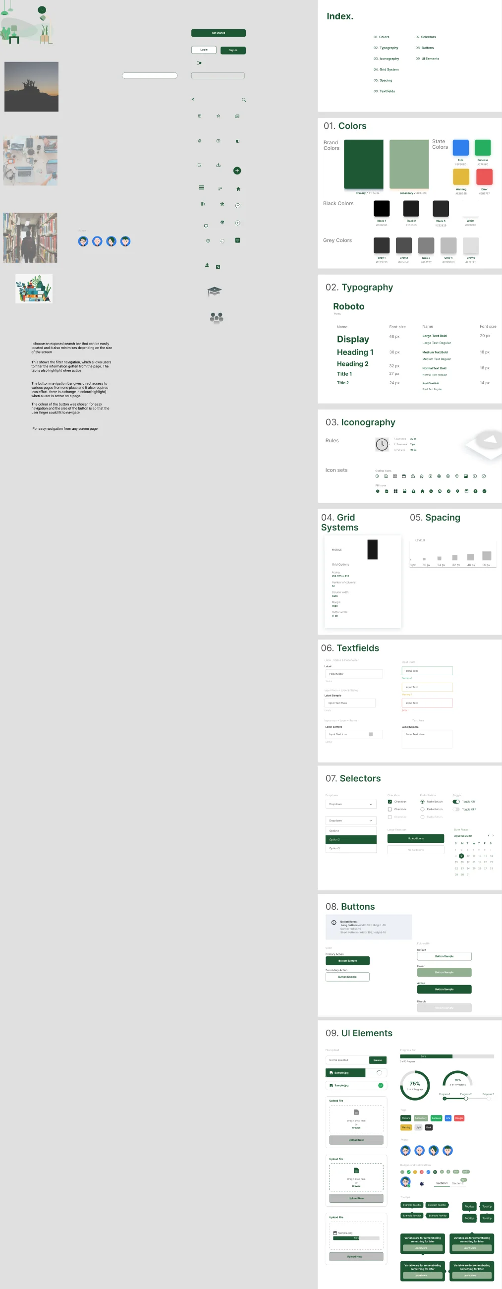 The VirtualBuddy style guide as one sheet: an index followed by nine numbered sections covering colours, typography, iconography, grid systems, spacing, text fields, selectors, buttons and UI elements