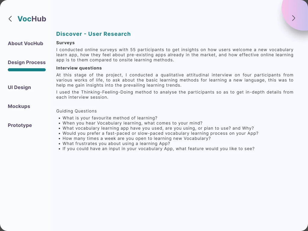 A research slide summarising a fifty-five participant online survey and four attitudinal interviews, with the seven guiding interview questions listed