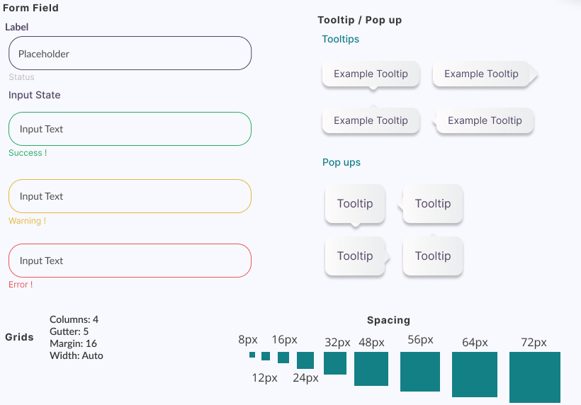 VocHub interface tokens, a form field in default, success, warning and error states; four tooltip and four pop-up variants; grid settings; and a spacing scale from 8 to 72 pixels