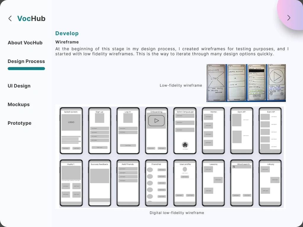 Photographed paper sketches of four screens above a sixteen-screen digital low-fidelity wireframe grid including splash, sign up, log in, onboarding, earn XP and library